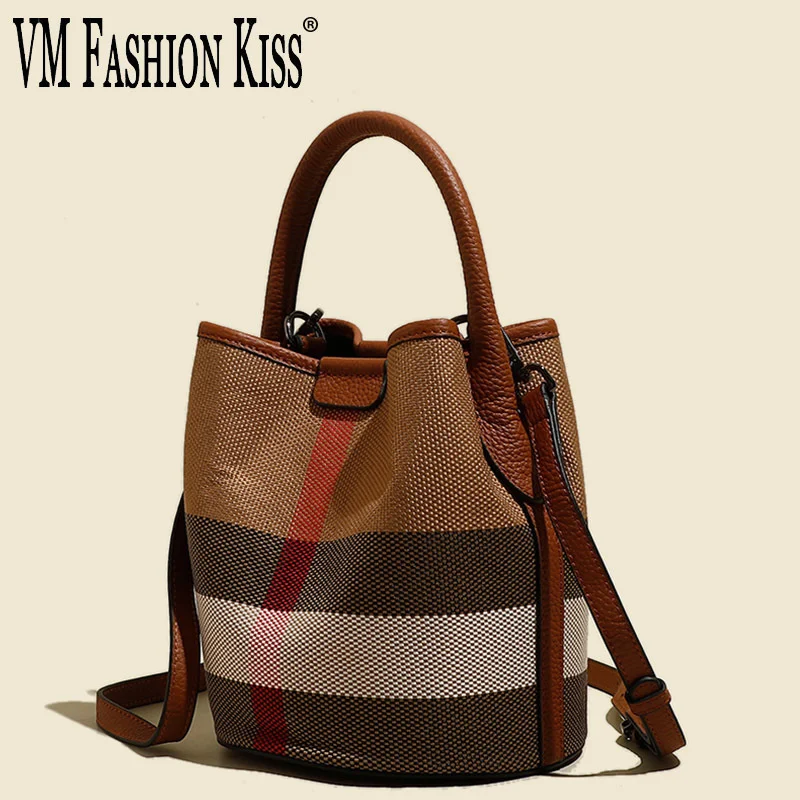 

VM FASHION KISS Stripe 2 In 1 Set Canvas + Genuine Leather Women Bucket Handbag Luxury Handbags Design Messenger Bags Shoulder