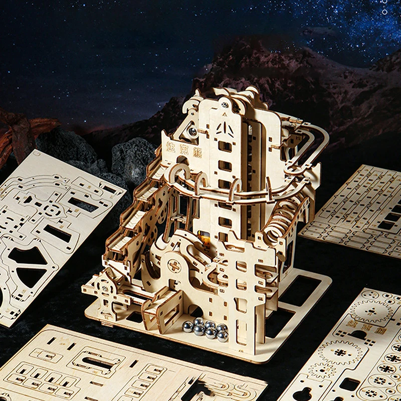Science Experiment Toy, 3D Wooden Marble Run Kit with Electric Catapult; Maze Mechanical Assembly