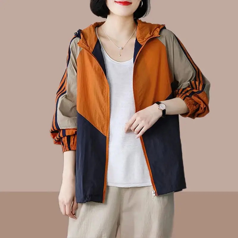 2023 New Summer Fashion Minimalist Stripe Color Blocking Loose Casual Oversize Versatile Thin Breathable Sun Protection Jacket