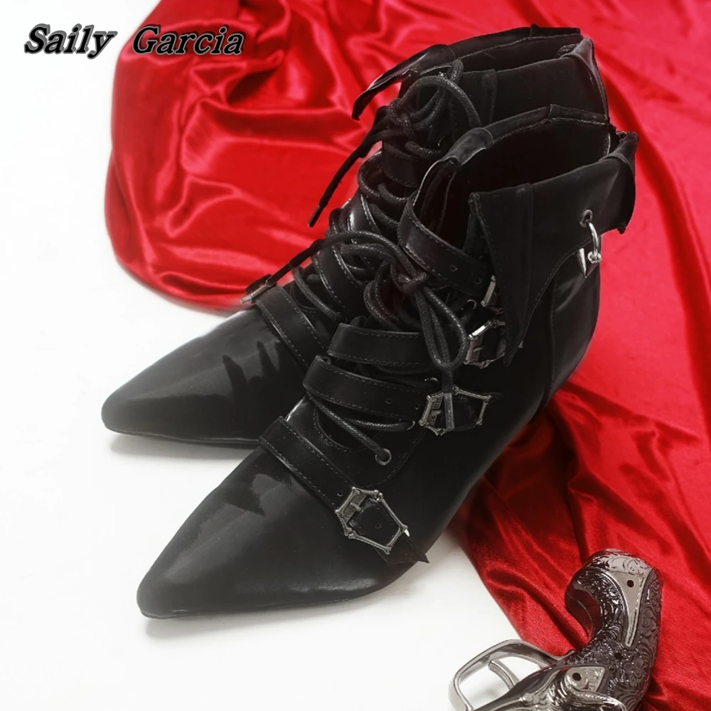 Retro Crack Gothic style Bat Metal Heel Ankle Boots Original Design Coffin Metal Buckle Lace Up Boots Pointed Toe Sexy Shoes