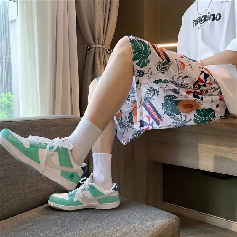 Bãi Thoáng Đầu Gối Chiều Dài Quần Short Nhiệt Đới In Rời Cổ Loungewear Ins Ulzzang Oversize Ngày Lễ Đồng Bằng Phòng Chờ Quần Short