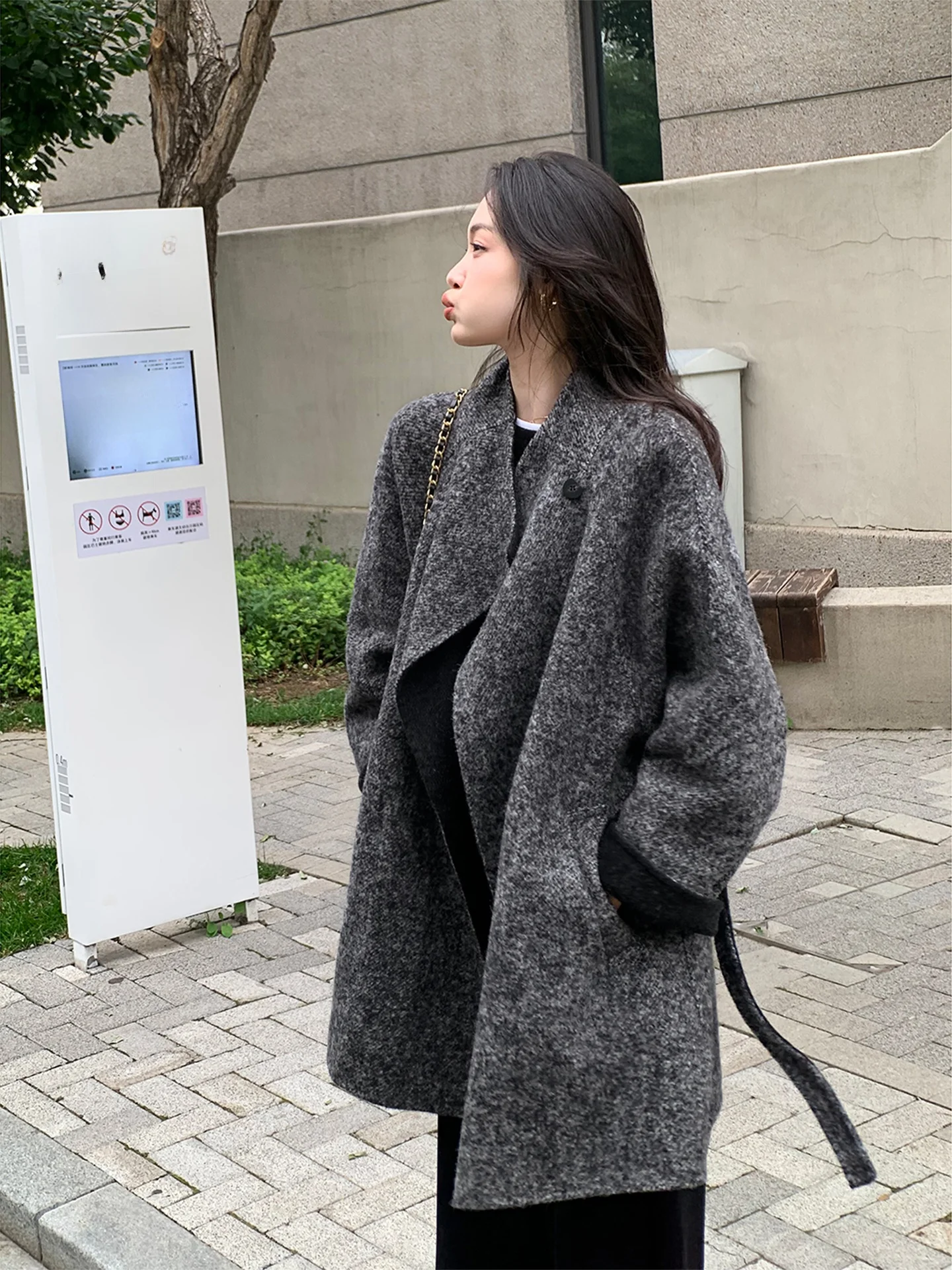 

Folelse Winter Woolen Coat with Belt One Button Loose Fit Women's Premium Faion Commute Sle Camel Hair Blend Outerwear
