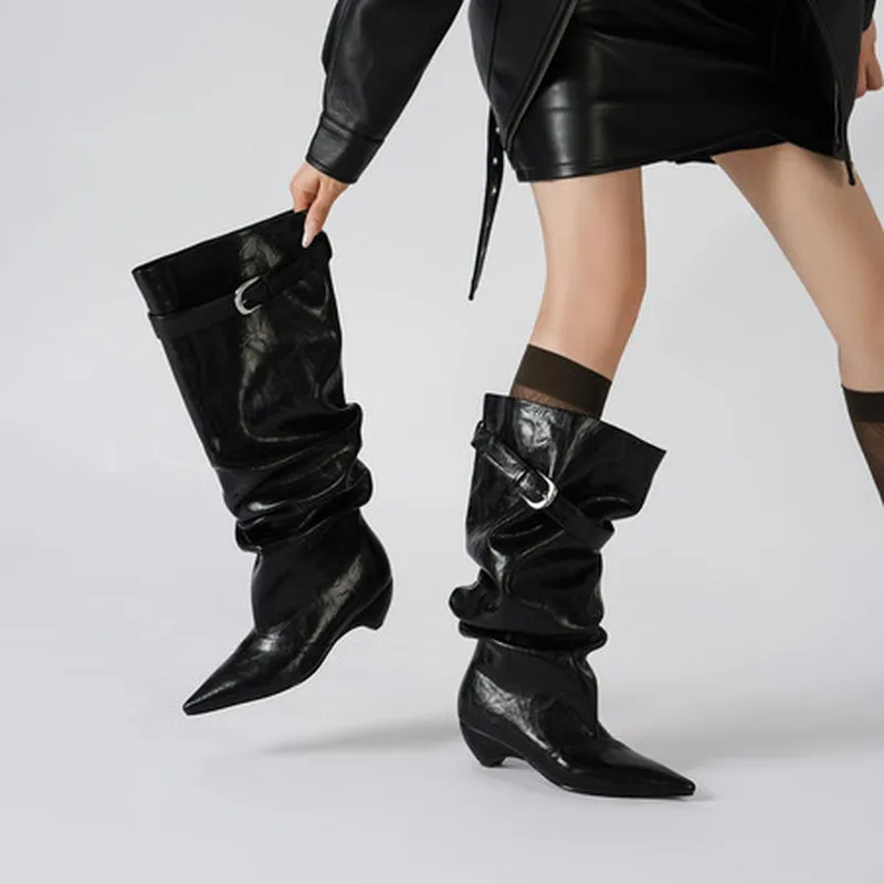 Women Genuine Sheepskin Slouch Mid Calf Boots Pointed Block Heel Buckle Strap Fold Over Black Off White Single Fleece LinedF59 view 5