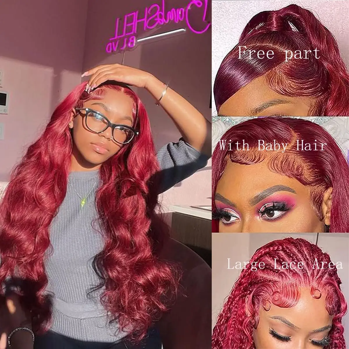 Perruque Lace Front Wig Body Wave Naturelle, Cheveux Humains, Couleur Bordeaux 99J, 13x4, 13x6, Pre-Plucked, Transparent, 30 Pouces, pour Femme