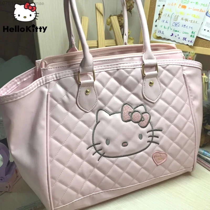 Sanrio Medieval Style Hello Kitty Tote Bag Cute Sweet Soft PU Leather Pink One Shoulder Handbag Women Large Capacity Travel Bag