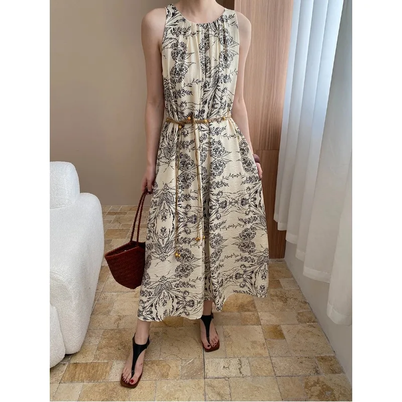 

Women Elegant Holiday Ink Printed Round Neck Pleated Sleeveless Dress with Belt Fashion Loose Basic Beach Long Dress Summer