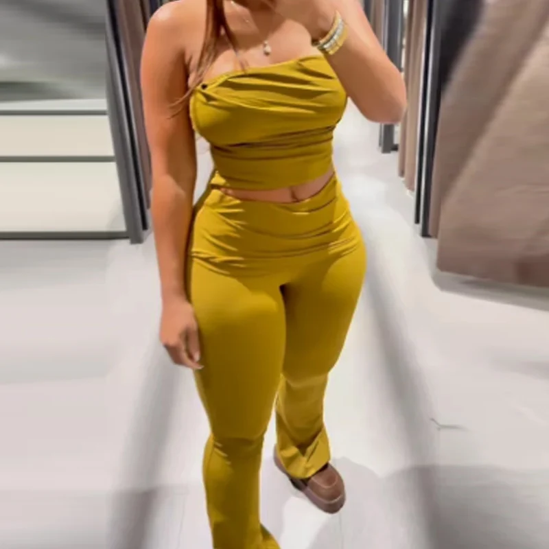 Hxao verde oliva conjuntos de calças finas femininas duas peças conjunto colheita fora do ombro babados tubo superior outfits meados de cintura flares calças conjuntos