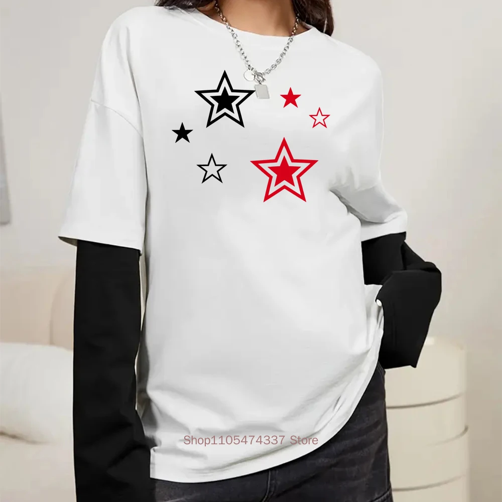 Women Star Y2K Print Graphic Fake Two Long Sleeved T-shirts Fashion Streetwear Retro Casual Loose Fake Two Long Sleeved T Shirt