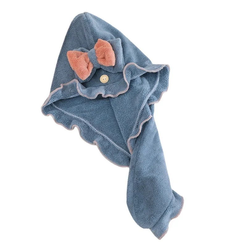 قبعة منشفة شعر بلون سادة من الصوف للمنزل، قبعة تجفيف الشعر بعقدة كرتونية على طراز الأميرة مع حافة من الدانتيل، قبعة حمام عمامة #5