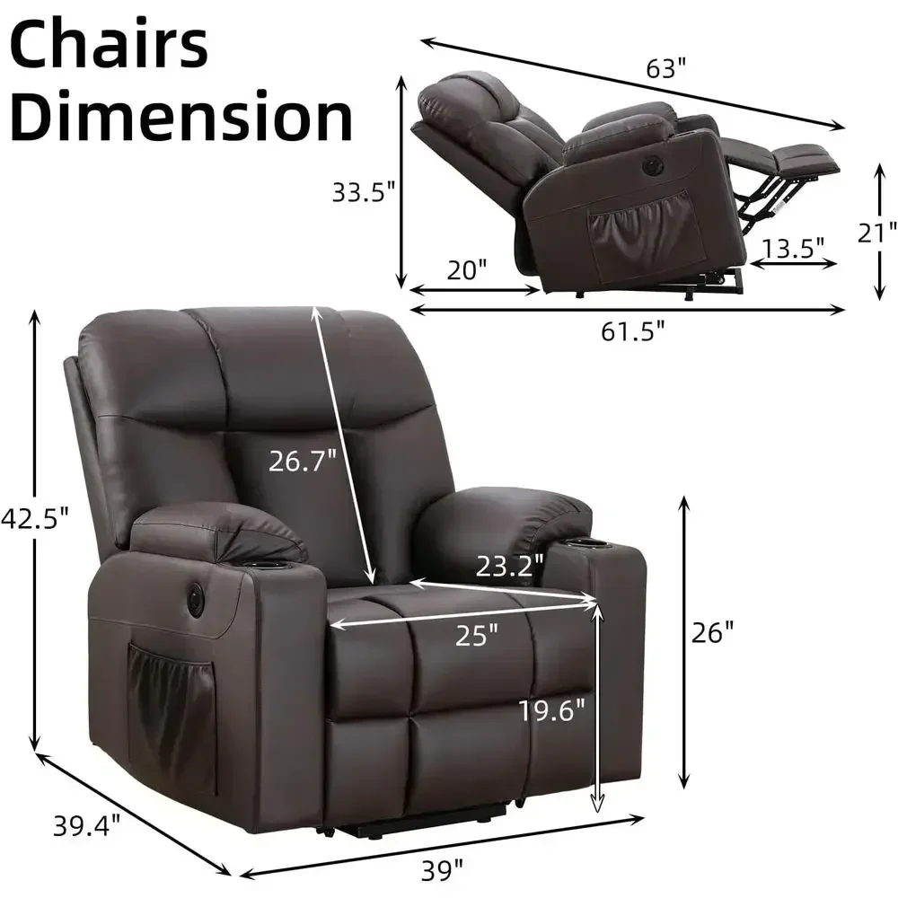 Oversized Leather Recliner with Heat, Massage, Wide Sofa, Cup Holders, USB Port, Brown