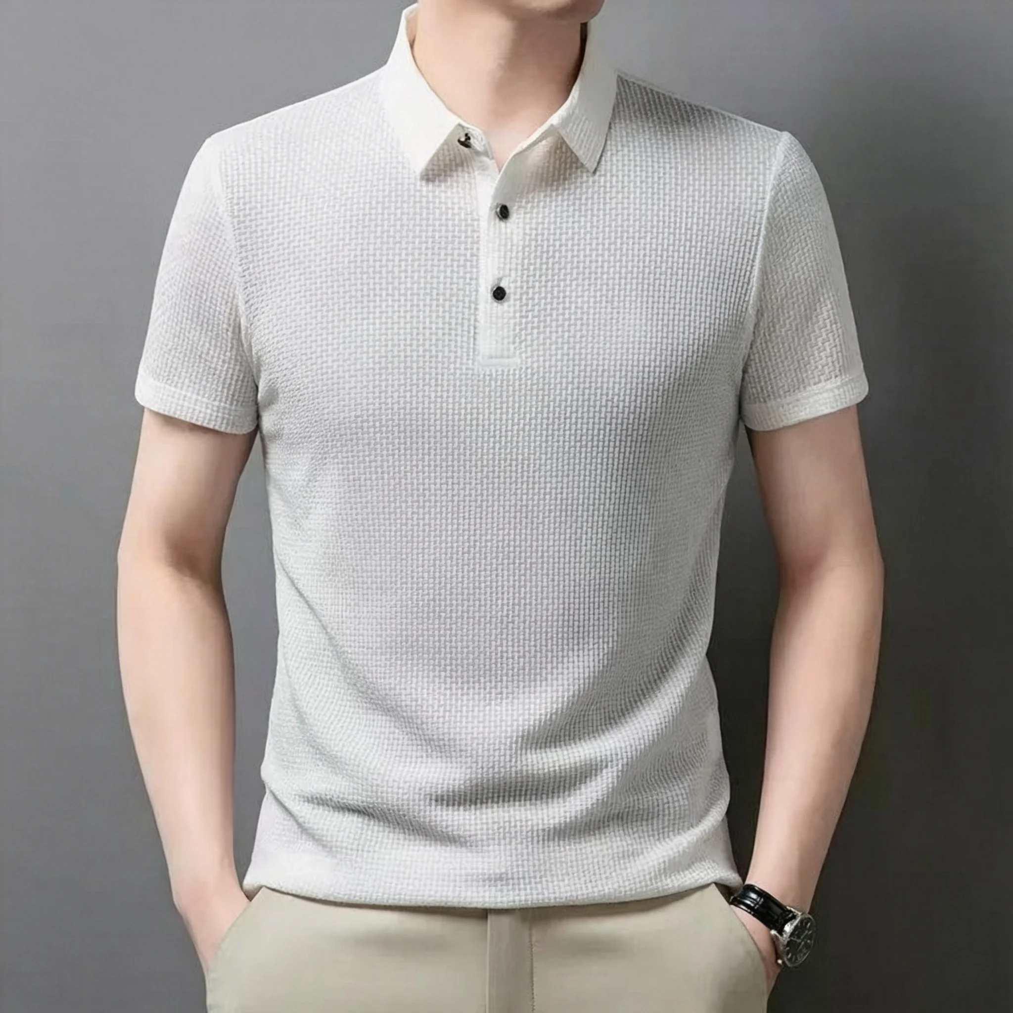 Men's Premium Polo Shirt Business Casual Silky Smooth Wrinkle-Free Short Sleeve Top Office Work Essential Elegant Daily Wear