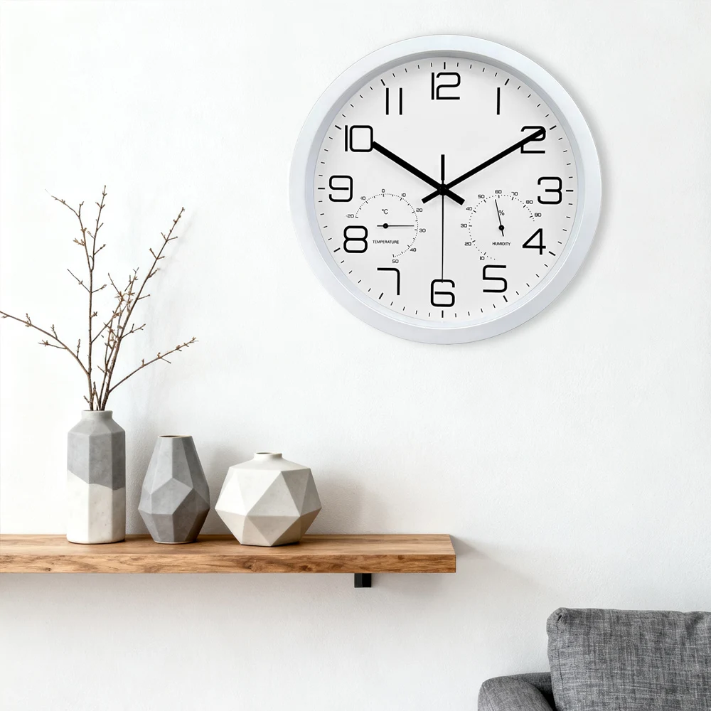12 inch Modern Wall Clock with Temperature and Humidity Display Silent Quartz Clock for Home Office Kitchen Decor Easy to Read view 2