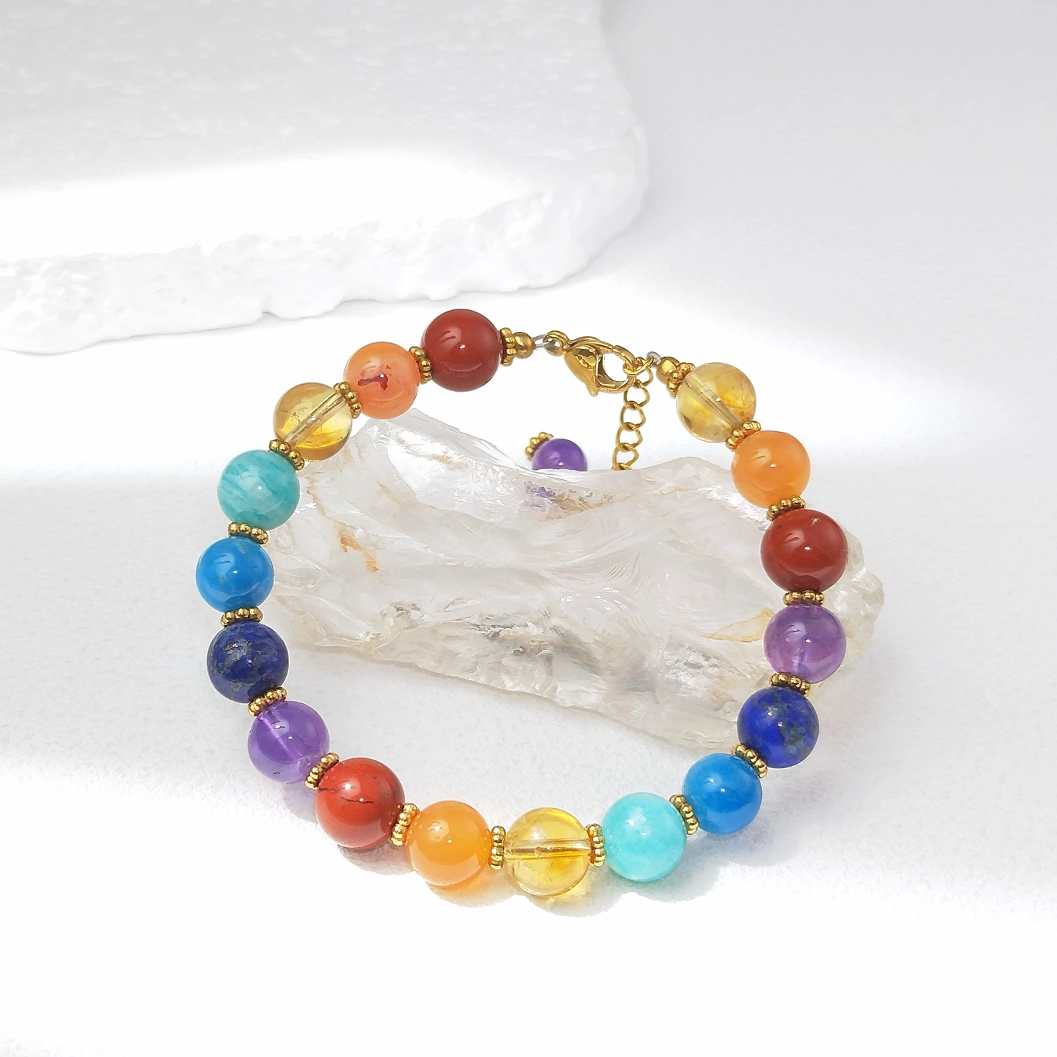Lii Ji 8mm 7 Chakras Natural Stone Beaded Bracelet  Gold Stainless Steel Handmade Fashion Jewelry view 3