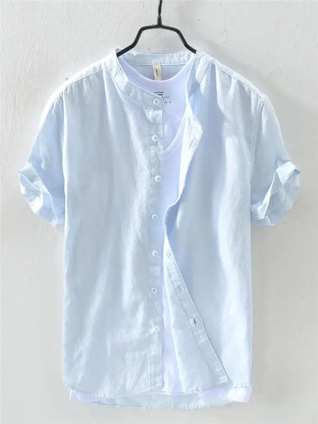 

Мужская летняя тонкая рубашка из хлопка и льна, однотонная, с воротником-стойкой, на одной пуговице, приталенная, для повседневной носки...