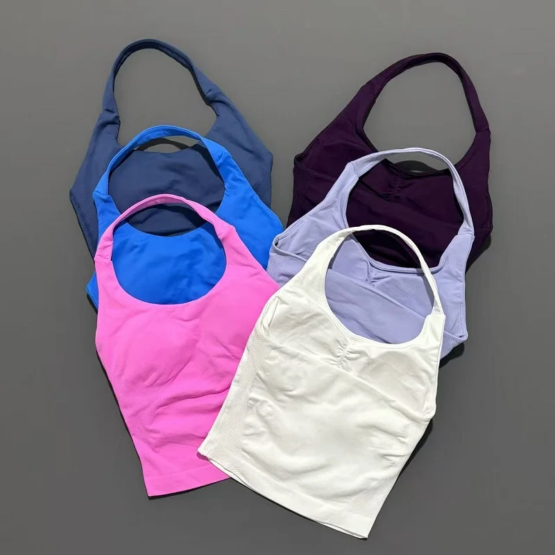 Gym Tank Top Women Open Back Sports Longline Halter Soft Seamless Breathable Yoga Wear Running Quick Dry Workout Fitness Tops