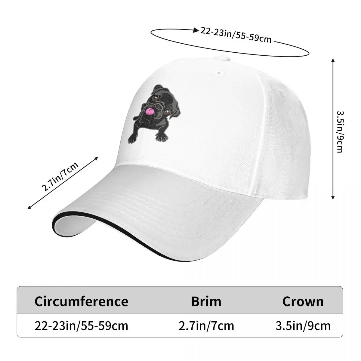 Black Pug Illustration Cap Casual Baseball Caps Adjustable Hat Hip Hop Summer Unisex Baseball Hats Customizable Polychromatic