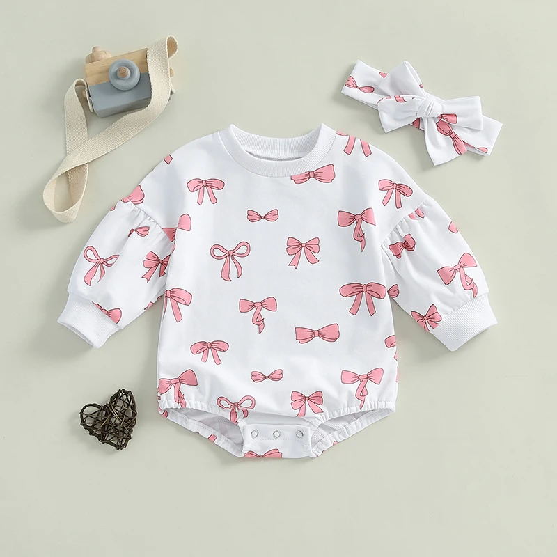 2024-09-04 Lioraitiin Baby Girl Spring Outfit Bow Print Crew Neck Long Sleeve Sweatshirt Romper Tie-up Headband 2 Pcs Set