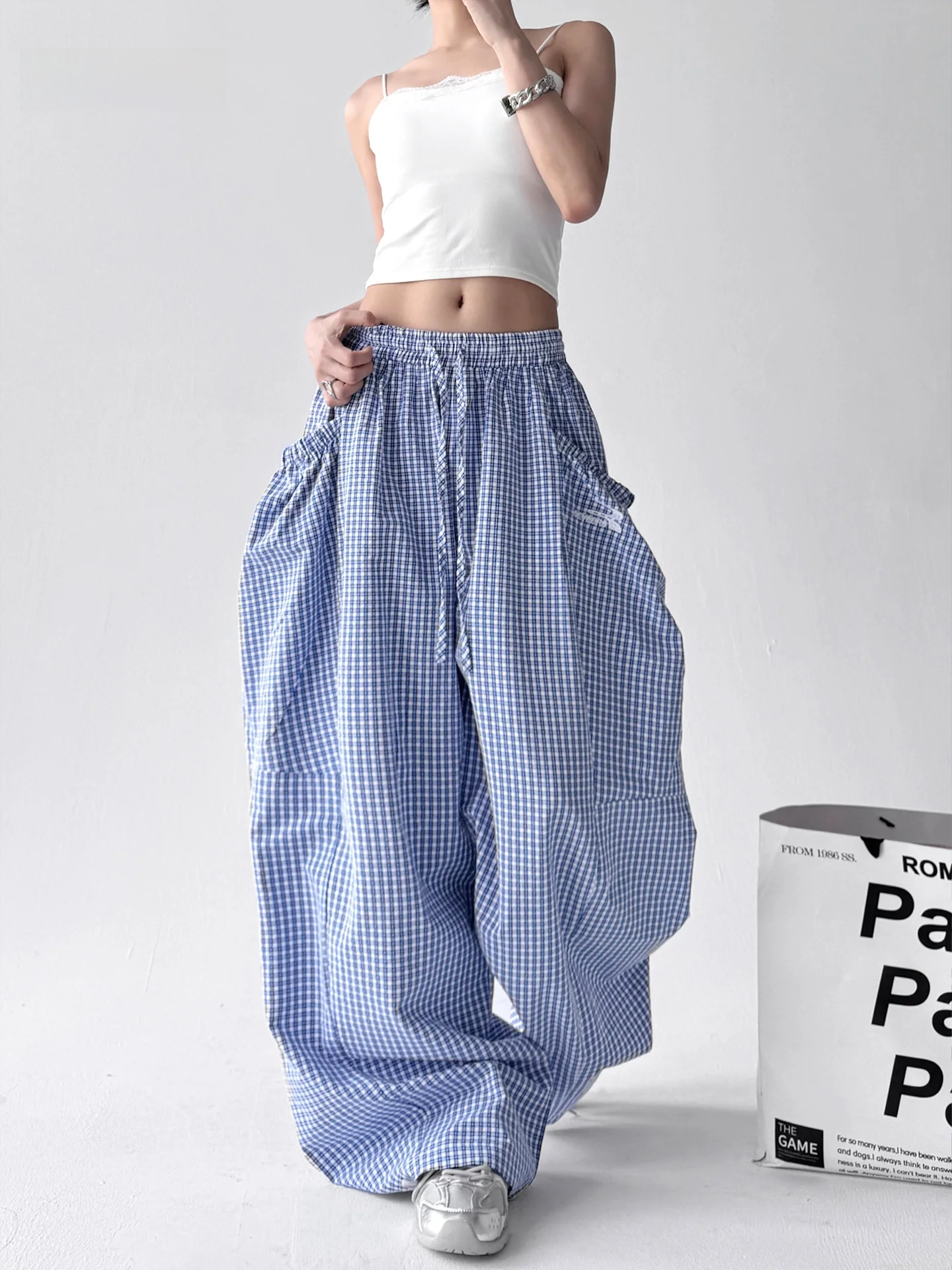 レトロアメリカンチェック柄ワイドレッグカジュアルパンツ レディース 夏新作 ルーズBF風 ラジースタイル エレニフパンツ ハイウエストストレートレッグ