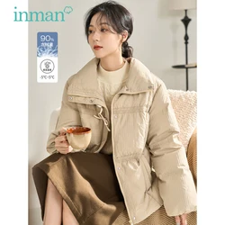 INMAN Women Down Jacket Winter Long Sleeve Stand Collar White Duck Down Coat Bow Decoration Elastic Cuff Casual Khaki Outwear