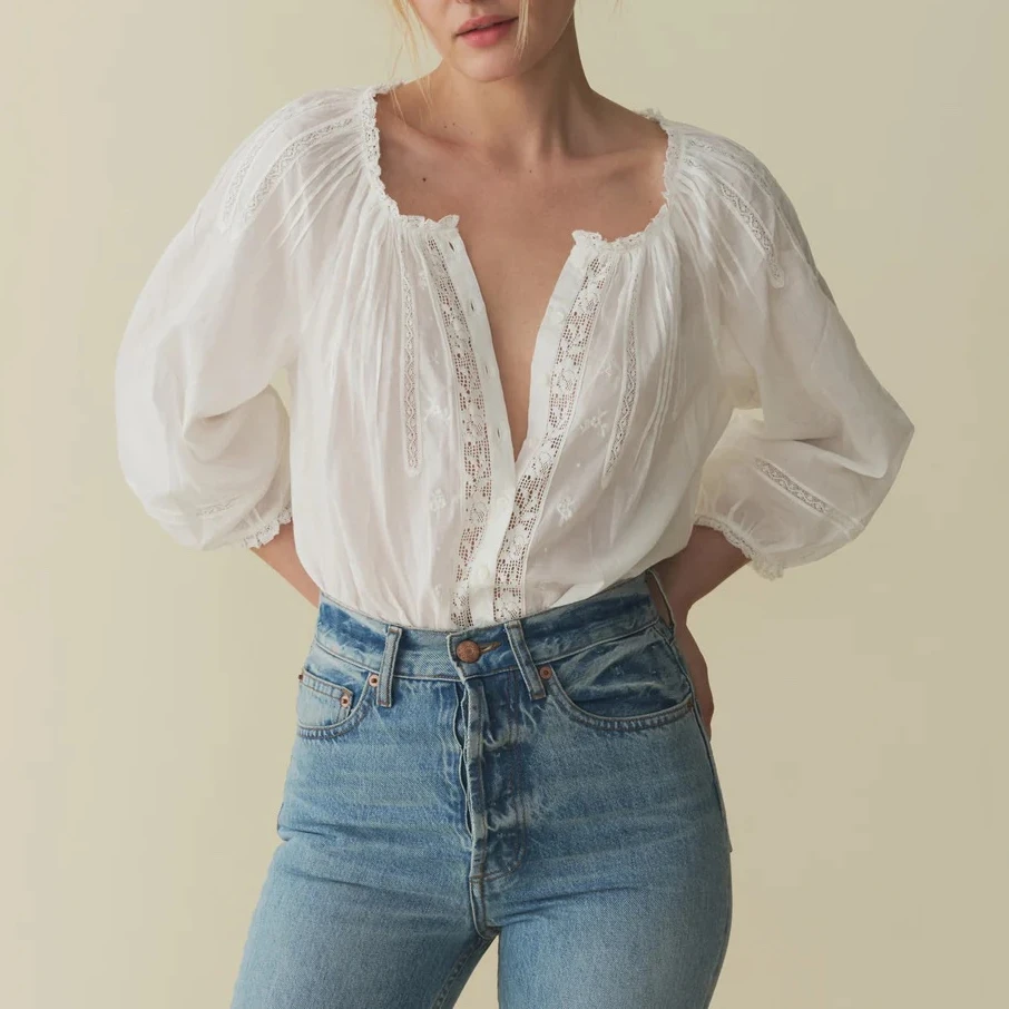 

Women 100% Cotton Shirt tops Single Breasted Lace Hollow Out Embroidery Stitching Casual Blouse