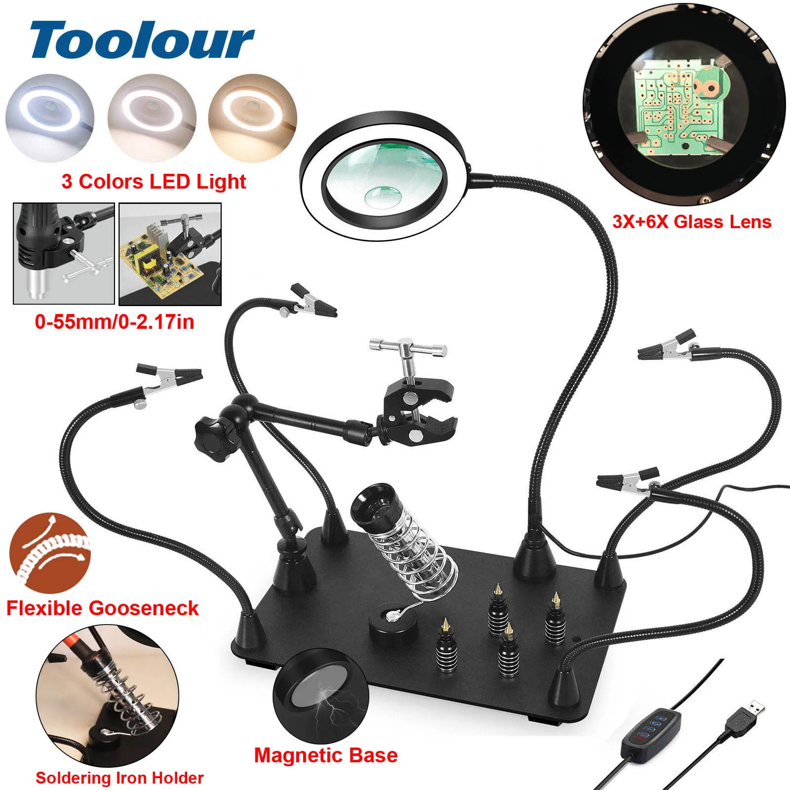 Toolour Magnetic Helping Hands Soldering Station, LED Magnifying Lamp, 360° Hot Air Gun Holder, 4 Flexible Arm&PCB Holder