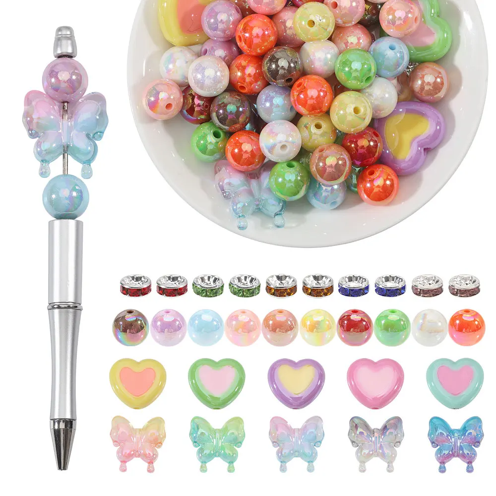 Heart Butterfly Mixed Acrylic Brass Rhinestone Spacer Beads Findings Kits Mixed Color 8~30x8~29x3.5~10mm Hole: 2~5mm