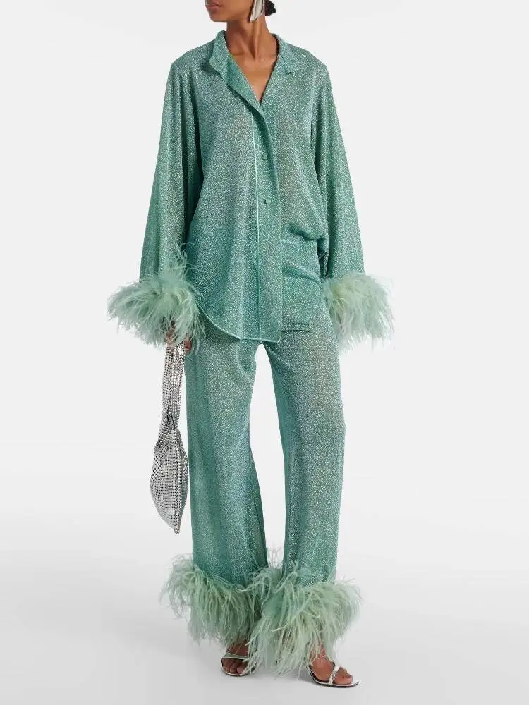 

Women Fashion Shinny Feather Solid Shirt Trouser Suits Chic Lapel Single-Breasted Tops Autumn Set 2024 Lady Holiday Pants Sets