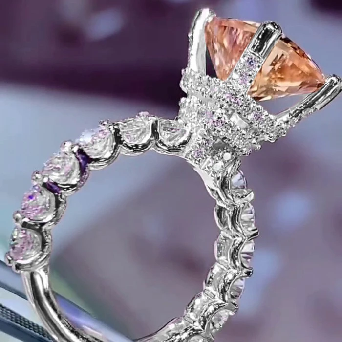  Simulated Moissanite Ring for Women Champagne Diamond Micro-Paved Square Fashionable Jewelry Accessories