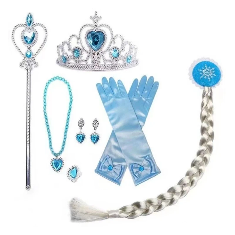 

For Elsa Princess Accessories Gloves Wand Crown Jewelry Set Wig Necklace Braid for Princess Dress Clothing Cosplay Dress UP