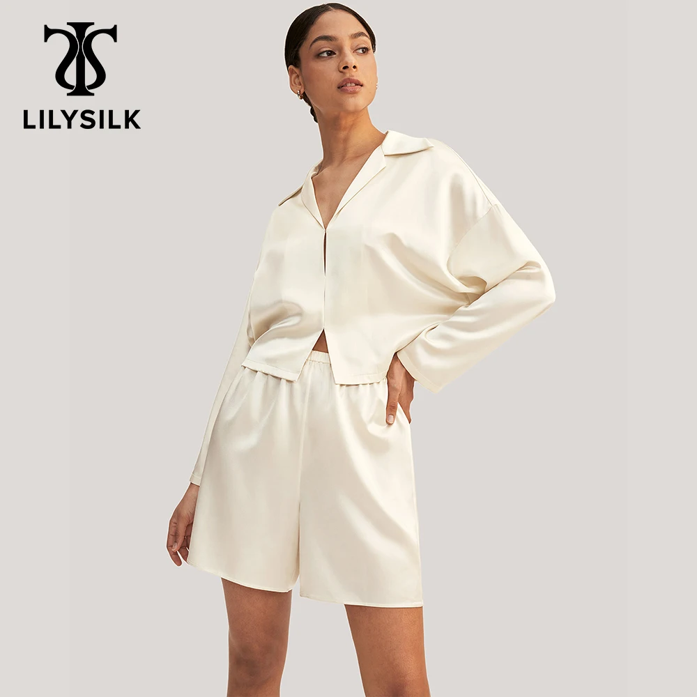 LILYSILK Osmanthus Silk Pullover Pajama Set Ladies Sleepwear with Lapel Collar Top and Drawstrings Waist Shorts