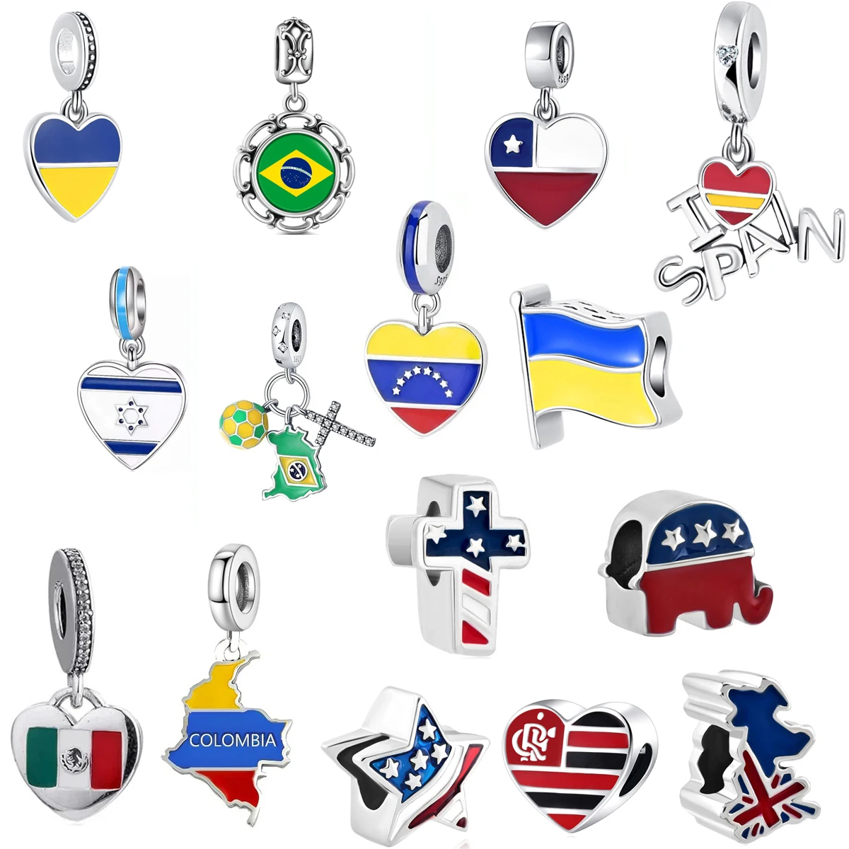 

925 Sterling Silver Sparking National Flag Charms Pendants Fit Original Bracelet Necklace DIY Beads For Women Jewelry Making