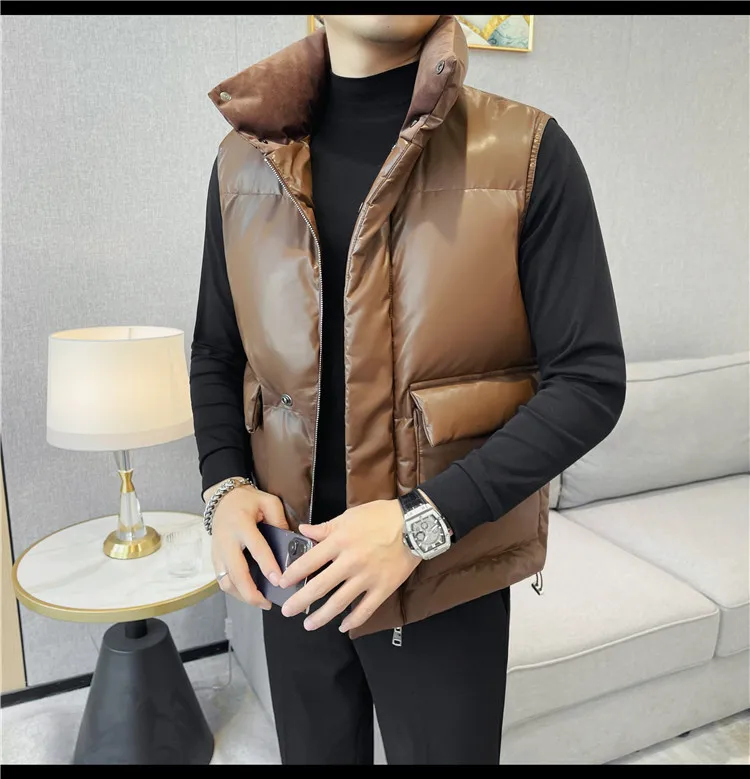 Vest Jacket Men Clothing Autumn Winter Sleeveless Coat New Large Pocket High Quality Pu Leather Vest Puffer Coat Coffee 2025