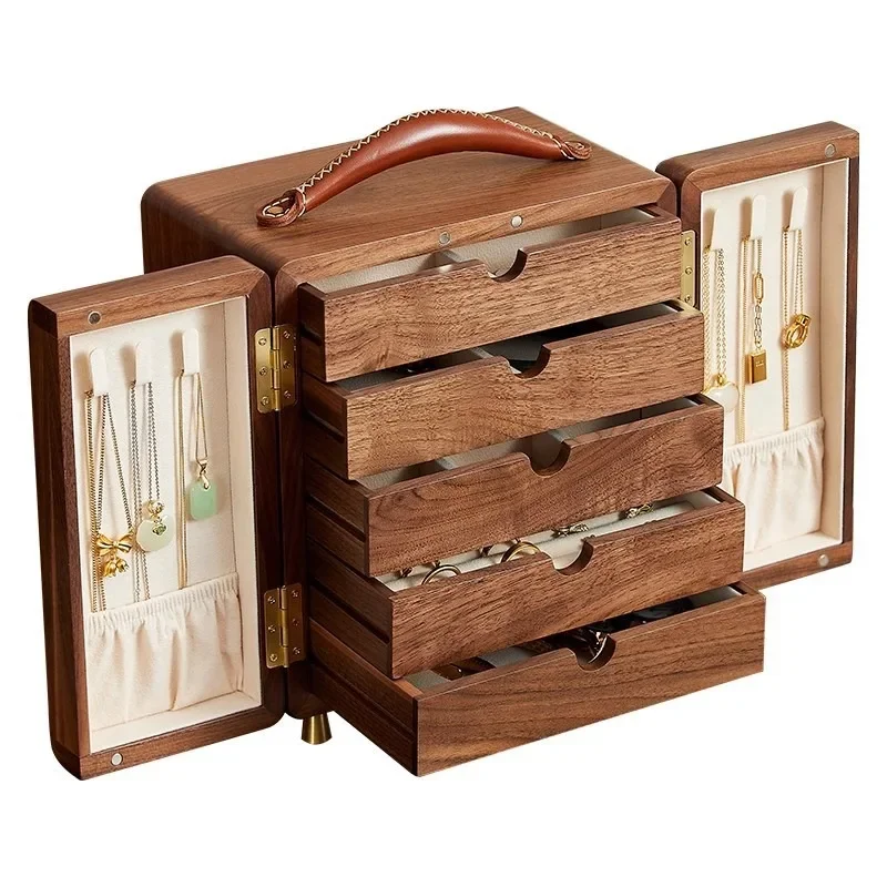 Caja de joyería de madera maciza de nogal negro, exquisita y de alta gama, de gran capacidad para guardar pendientes, collares y otras joyas.