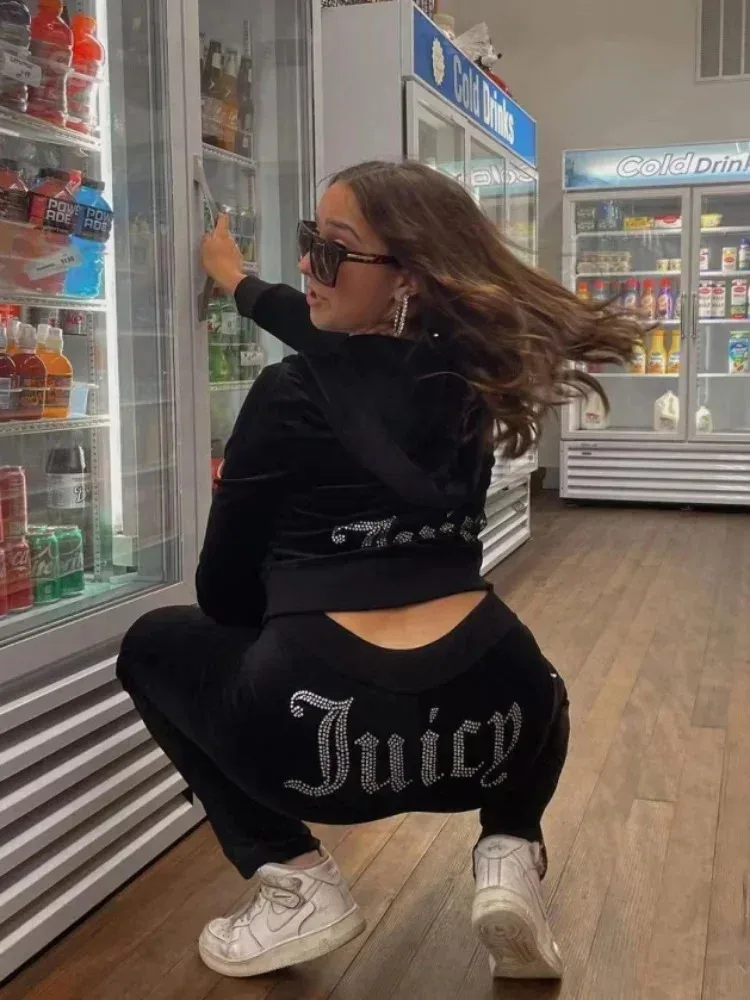 Two Piece Set Diamonds Hoodie Crop Jacket And Joggers Pants Outfits Streetwear Jogging Suits Juicy Corture Tracksuit