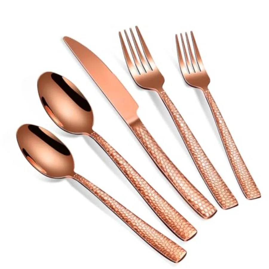 

40-Piece Silverware Set Rose Gold Hammered Stainless Steel Flatware Sets for 8 Food-Grade Tableware Set Including Fork Knife Sp