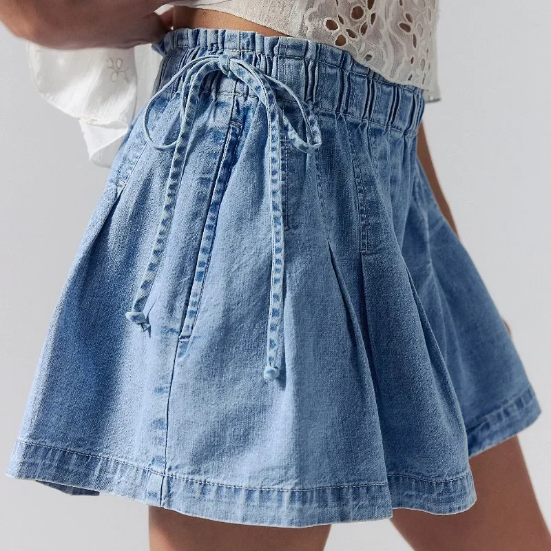 

GUWU Solid Color Ins Versatile Bow Tie Pleated Denim Skirt, Pleated Mini Skort