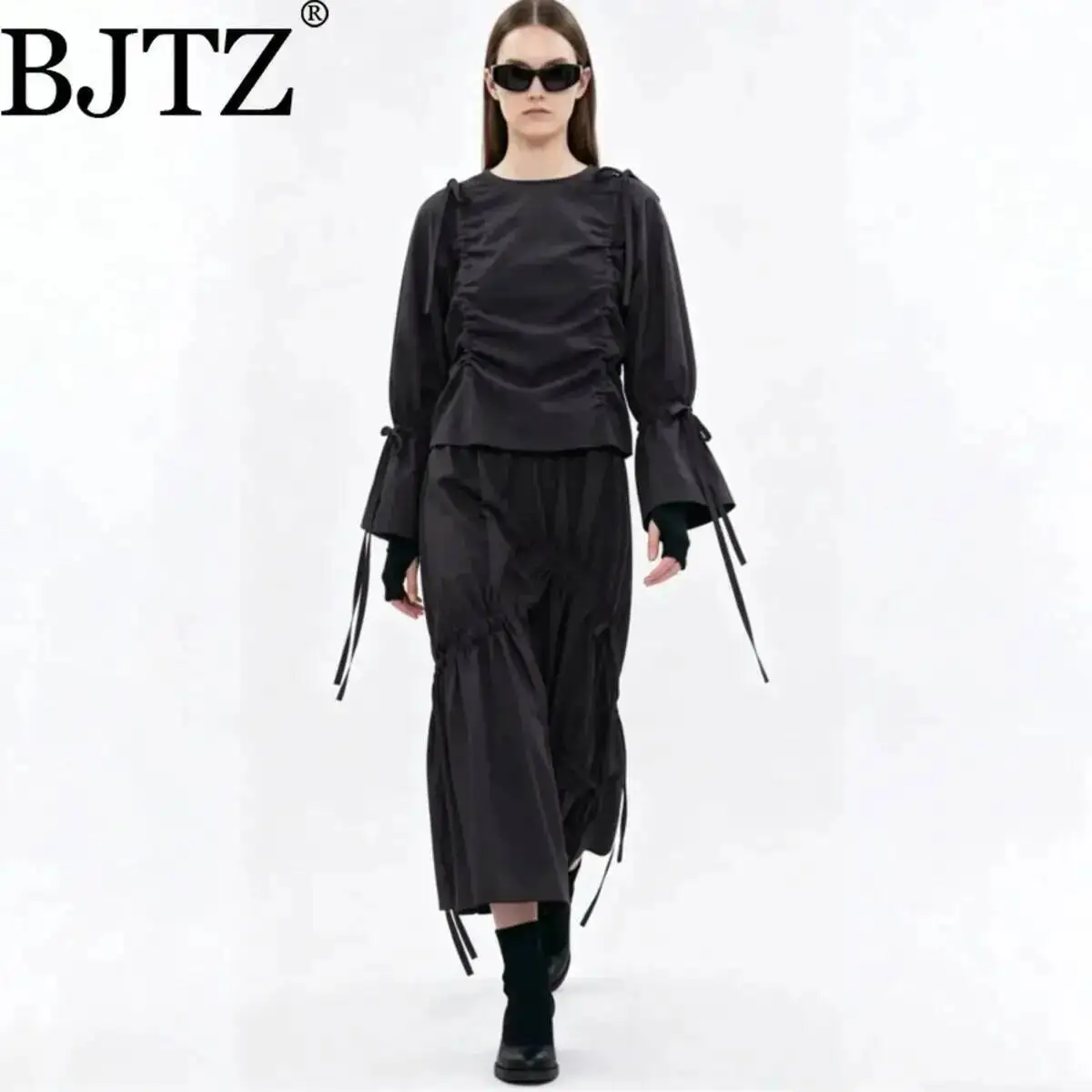 

BJTZ 2026 Spring Summer Women Two Piece Set Ruched Drawstring Long Sleeve Top High Waist Maxi Skirt Elegant Casual Outfit
