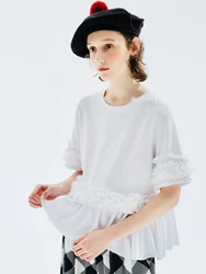 IMAKOKONI original design white round neck short sleeve pullover T-shirt Lace patchwork casual women's top 234195