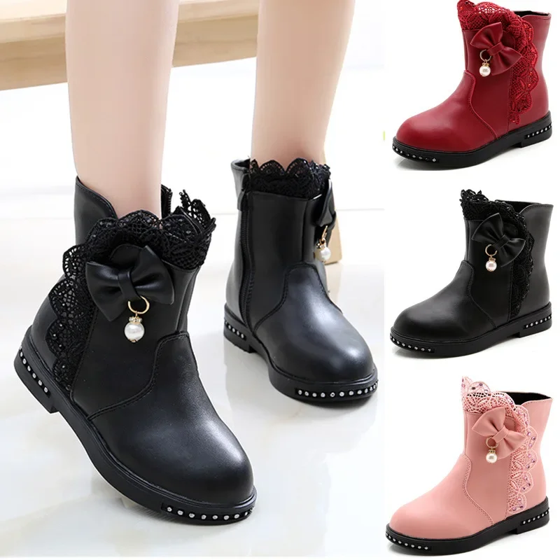 Girls Princess Kids Ankle Boots Lace with Bow-knot Sweet Warm Cotton Children Rubber Boots Fur Lining Snow Boots Shoes Winter