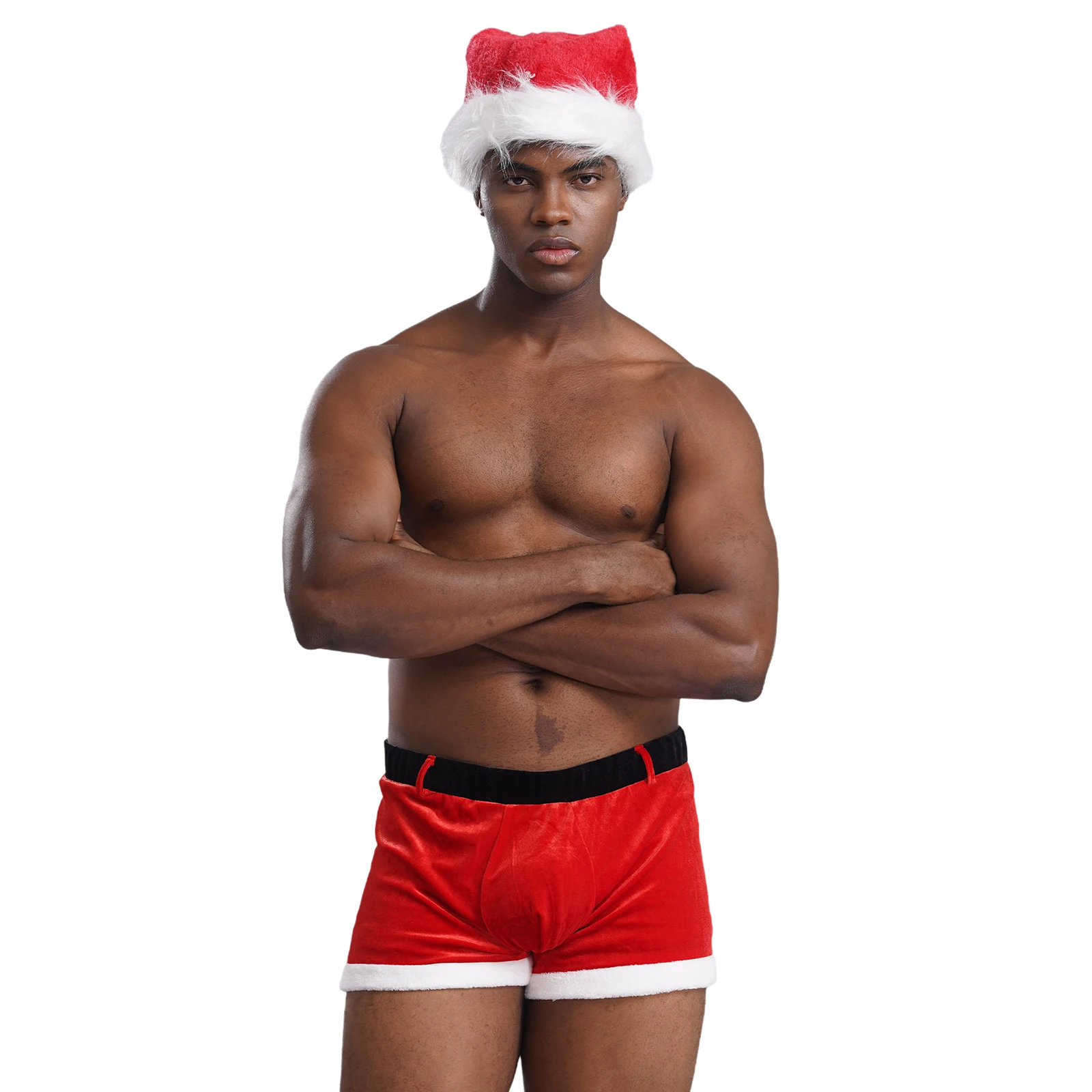 Männer Weihnachten Kostüm Sexy Dessous Set Elastischer Bund Santa Claus Boxer Briefs Shorts mit Hut Karneval Weihnachten Party Clubwear – Detail 13