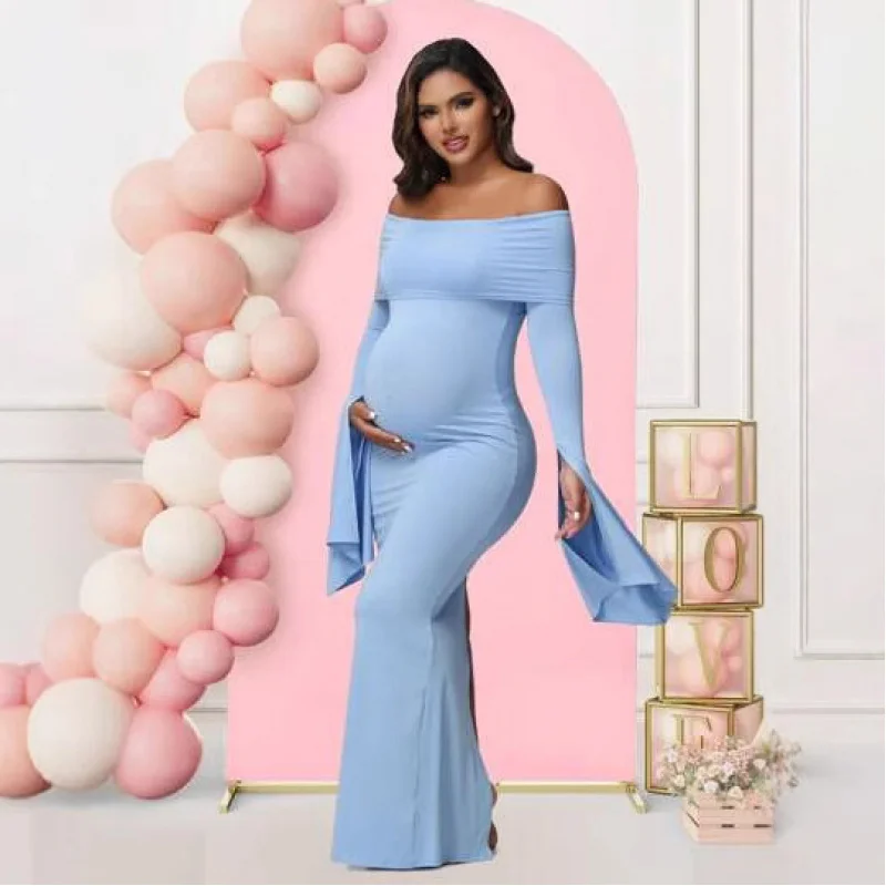 

Maternity Off-Shoulder Long Sleeve Top and High Elastic Mermaid Tail Dress，Suitable for photography、Portrait、Solid Color