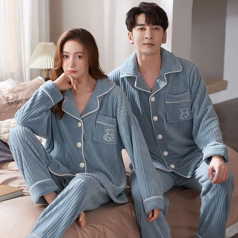 Women Pajamas Men Flannel Sleepwear Winter Thicken Couples Cardigan Pyjamas Coral velvet Soft Pijamas Suit Mujer Hombre Pyjamas