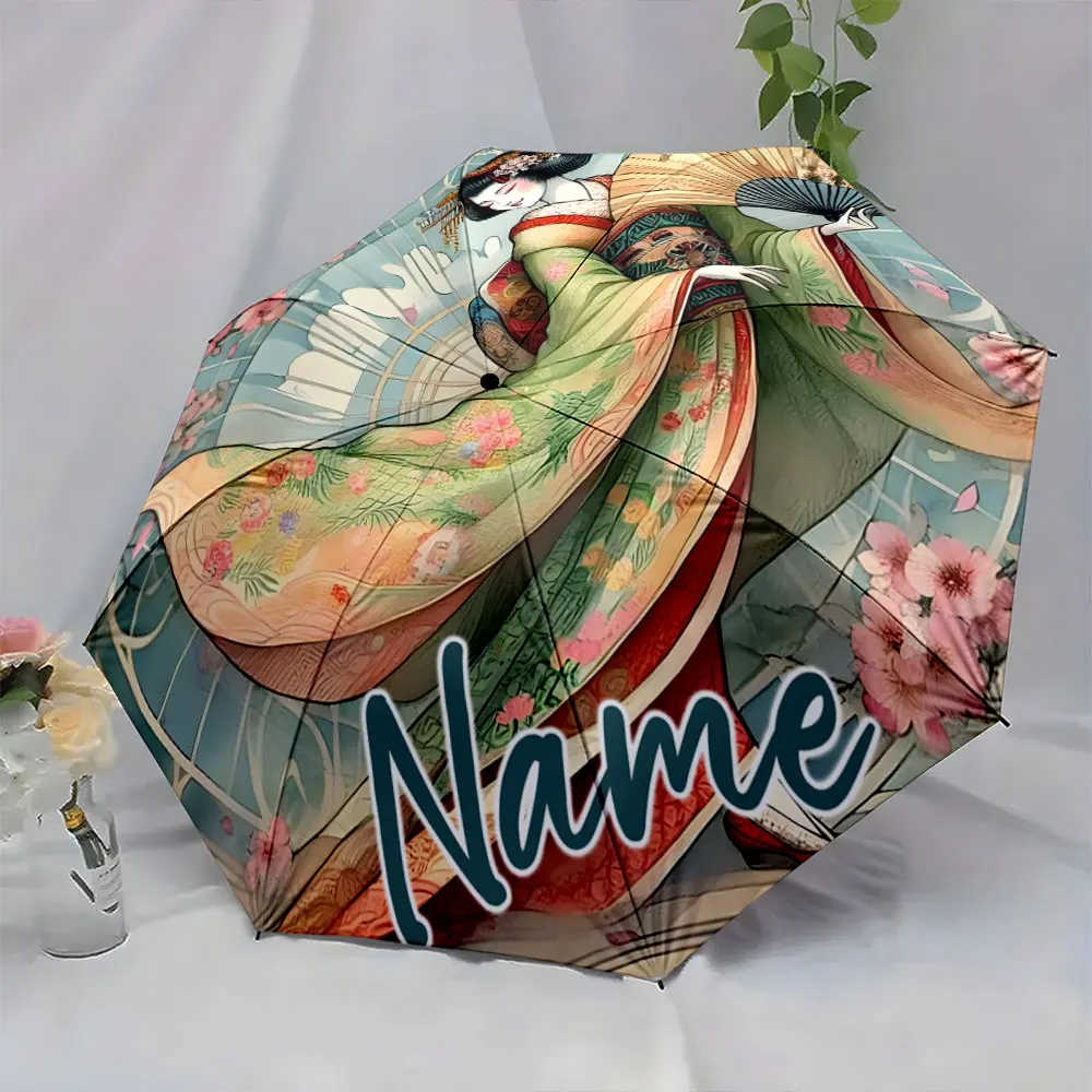 Custom Name Umbrella Elegant Japanese Geisha Patterned Umbrella Print 8 Iron Ribs Folding Umbrella Auto-Open Fashion Sunshade