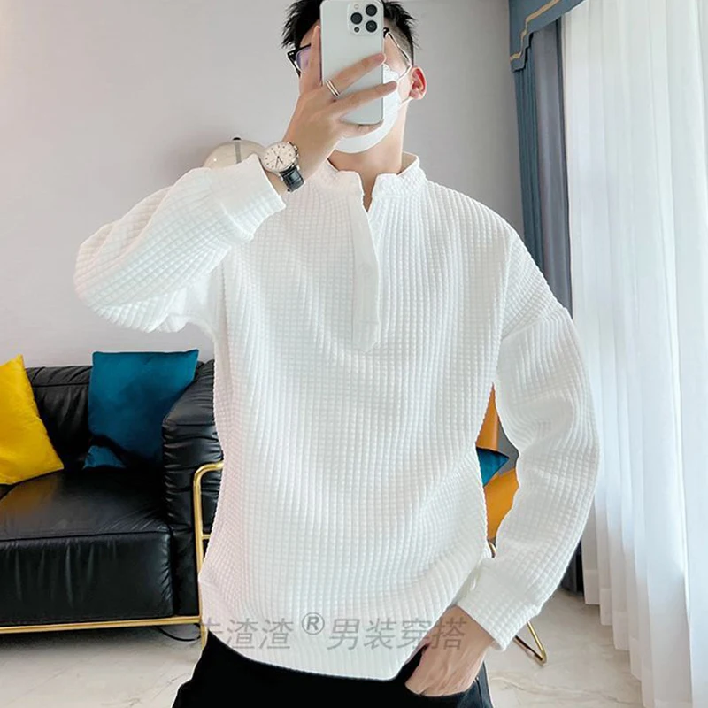 

Spring Autumn Waffle Plaid Men Long Sleeve Henry Collar Sweatshirt Fashion Literary Casual 2xl Oversized Clothes Top Black White