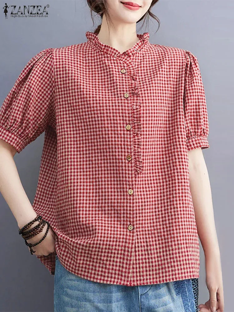 ZANZEA Casual Women Blouse Loose Fashion Shirt Spliced Ruffle Checked  Grid Tunic Top Button Up Short Puff Sleeve Summer Blouses