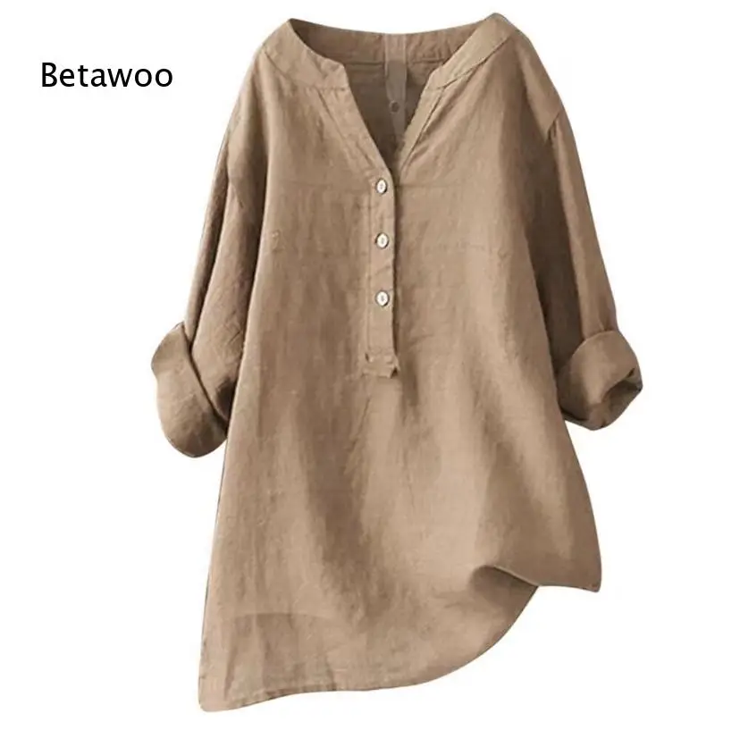 Ladies Daily Loose Mid Length Shirt Stand Collar Half Placket Roll Up Sleeve Solid Khaki Relaxed Blouse