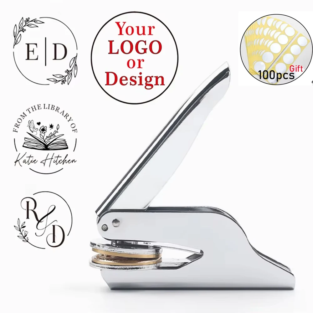 Custom Embosser Stamp LOGO DIY Personalized Book Embosser Seals for Letter Head Wedding Envelope Graduation and 100pcs Sticker