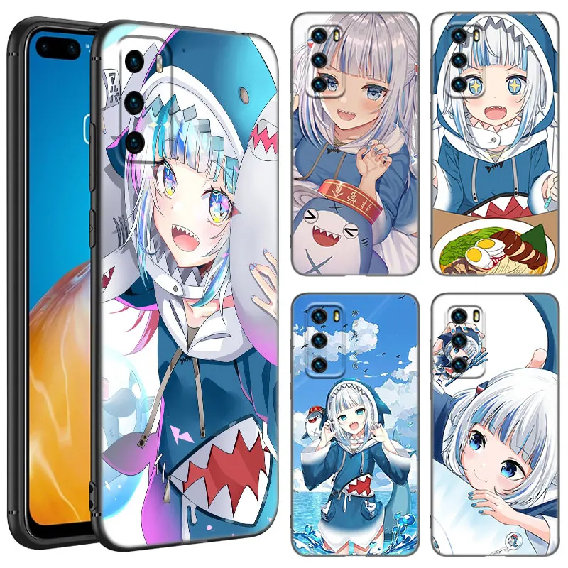 Gawr Gura Anime Black Silicone Phone Case For Huawei P10 P20 P30 P40 Lite P50 P60 Art P50E P Smart Z 2018 2020 2021 Pro 2019