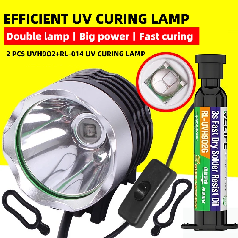 2PCS RELIFE RL-UVH902 10ML UV Solder Mask Ink 3S Quick-dry + RL-014 UV Curing Light for Mobile Phone Repair Jumping Wire