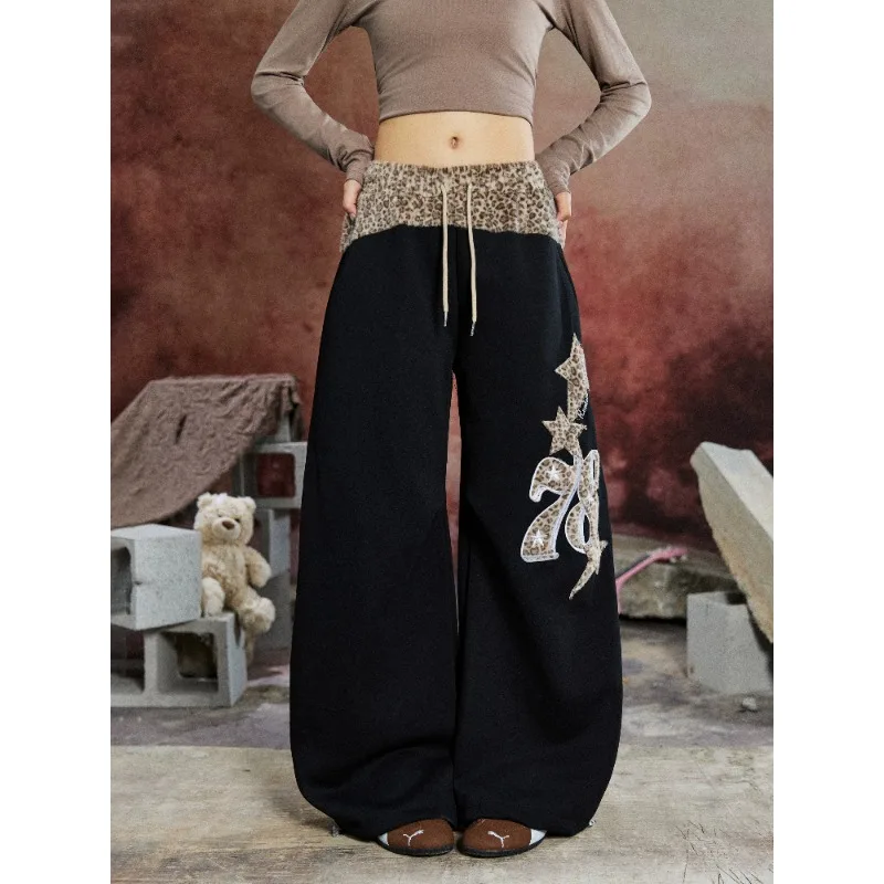 Women's Leopard Print Patchwork Design Pants 90s High Waisted Y2k Casual Sweatpants Women Bottoms Female Wide Leg Trousers
